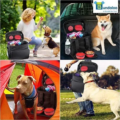 Bundaloo Dog Travel Bag Accessories Supplies Organizer 5-Piece Set with Shoulder Strap | 2 Lined Pet Food Containers, 2 Collapsible Feeding Bowls. Everyday Dogs Essentials