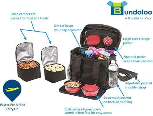 Bundaloo Dog Travel Bag Accessories Supplies Organizer 5-Piece Set with Shoulder Strap | 2 Lined Pet Food Containers, 2 Collapsible Feeding Bowls. Everyday Dogs Essentials