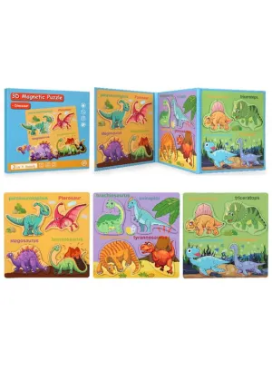 Montessori Magnetic Puzzle Books for Kids, Durable Reusable Paper Puzzles for Toddlers, Dinosaur