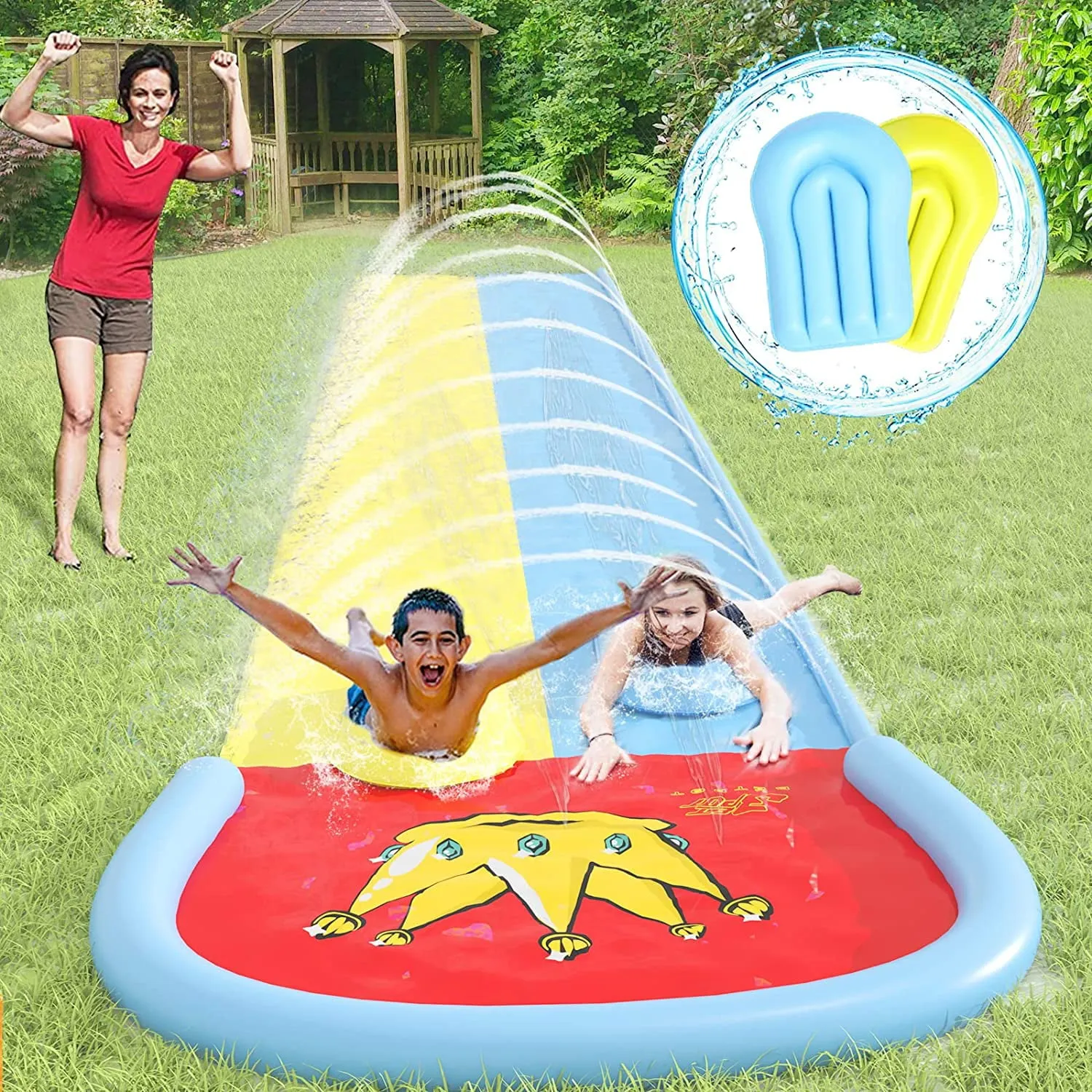 Terra Best Slip and Slide for Kids And Adults - 20FT Water Slides for Outdoor with 2 Body boards, Summer Toy with Build in Sprinkler Water Toys Play “Crown Scramble”